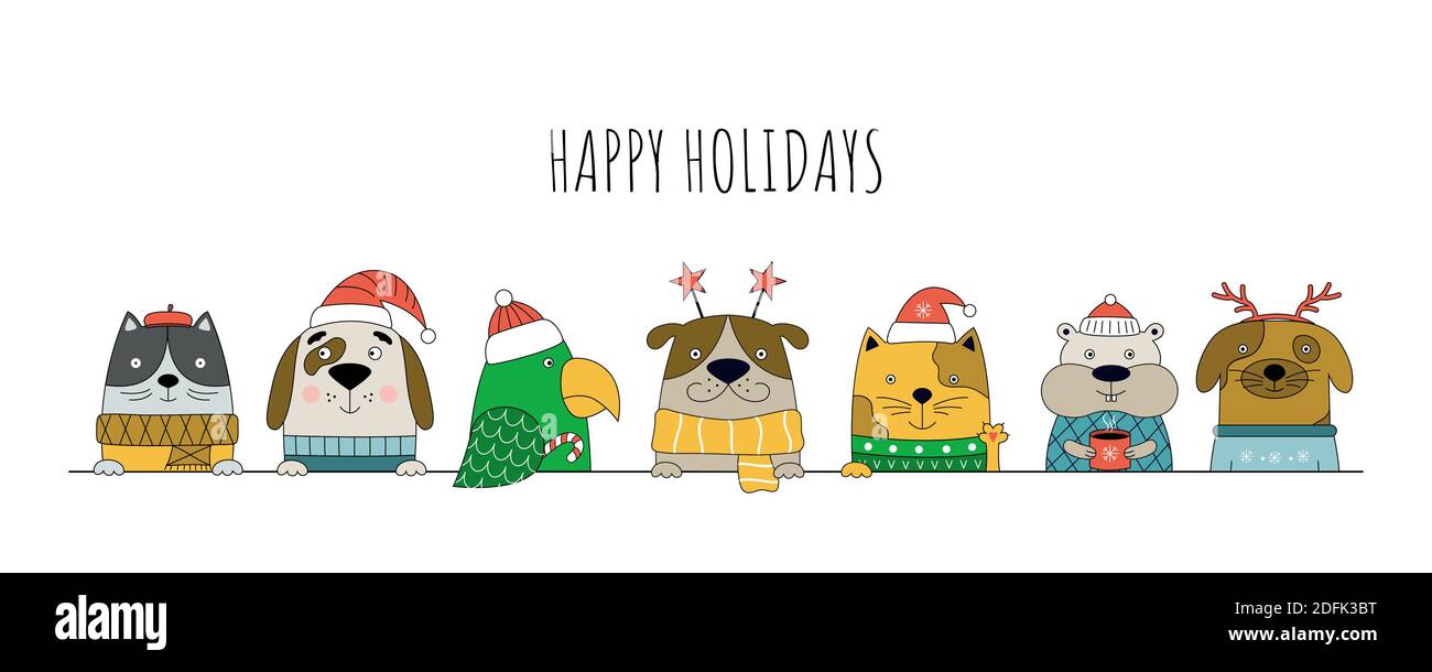 Illustration Joyeux Noël avec chats, chiens, perroquet et hamster. Bannière de Noël pour le site Web de la boutique d'animaux de compagnie. Illustration de Vecteur
