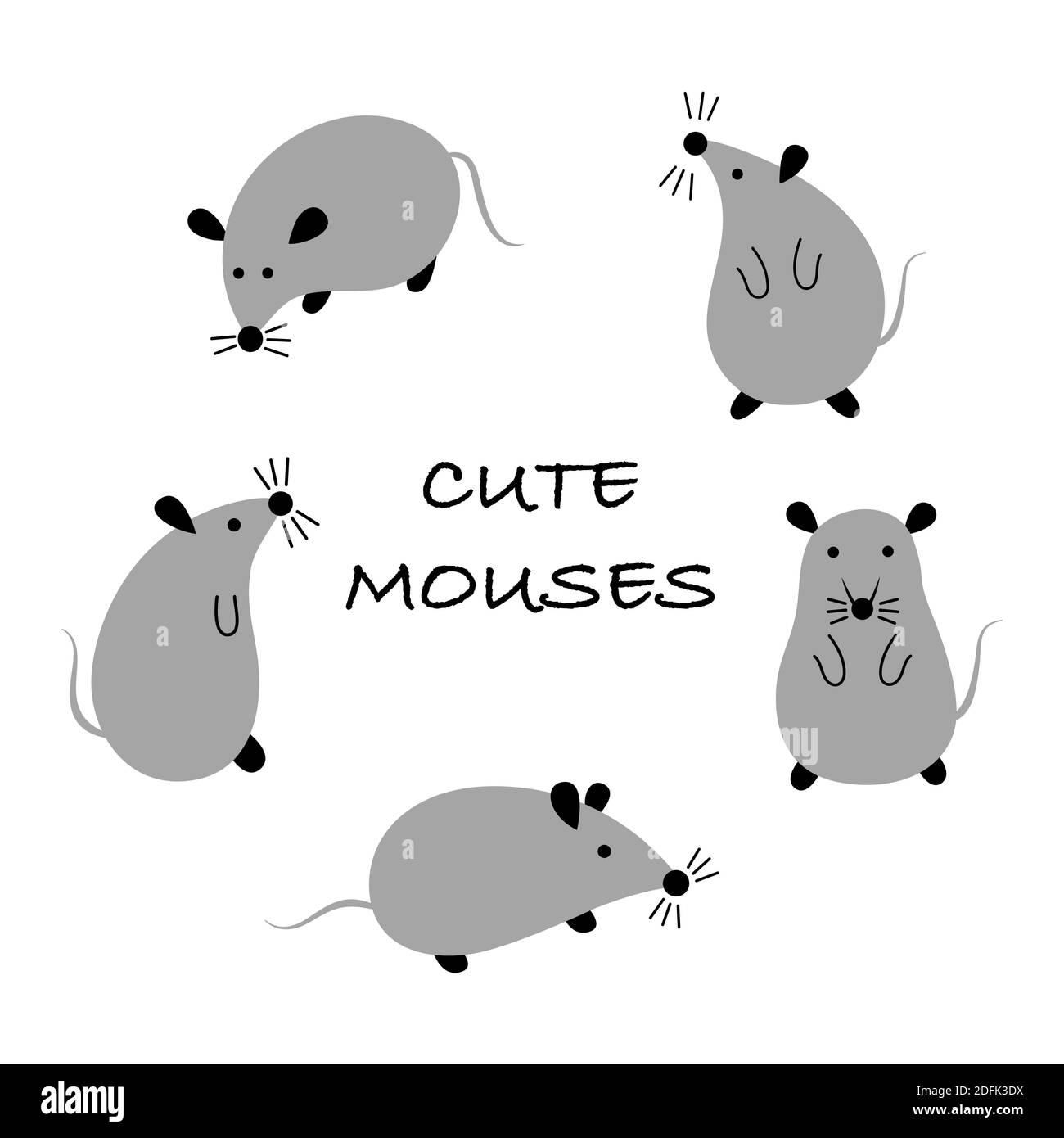 Rats de dessins animés. Ensemble de 5 mignons souris grises en différentes poses sur fond blanc. Illustration vectorielle plate. Illustration de Vecteur