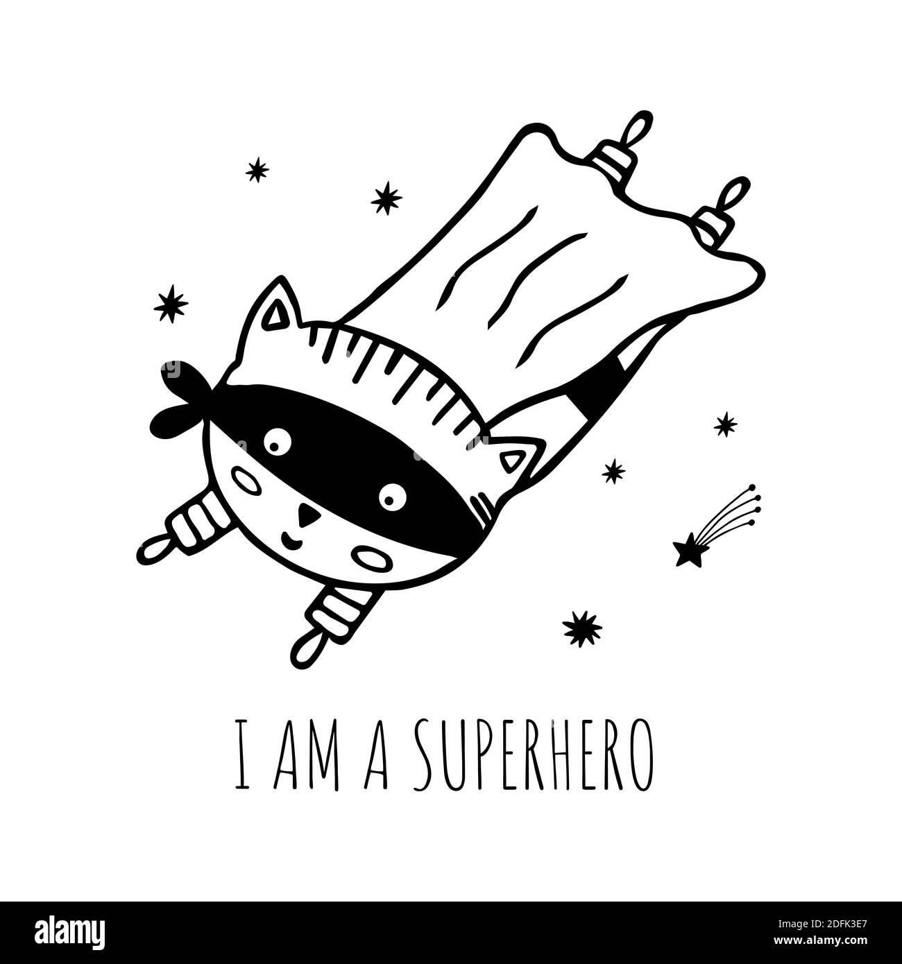 Super-héros dans un costume noir sur fond blanc. Affiche enfant mignonne avec un super-héros, des étoiles et des lettres de style scandinave. Illustration de Vecteur