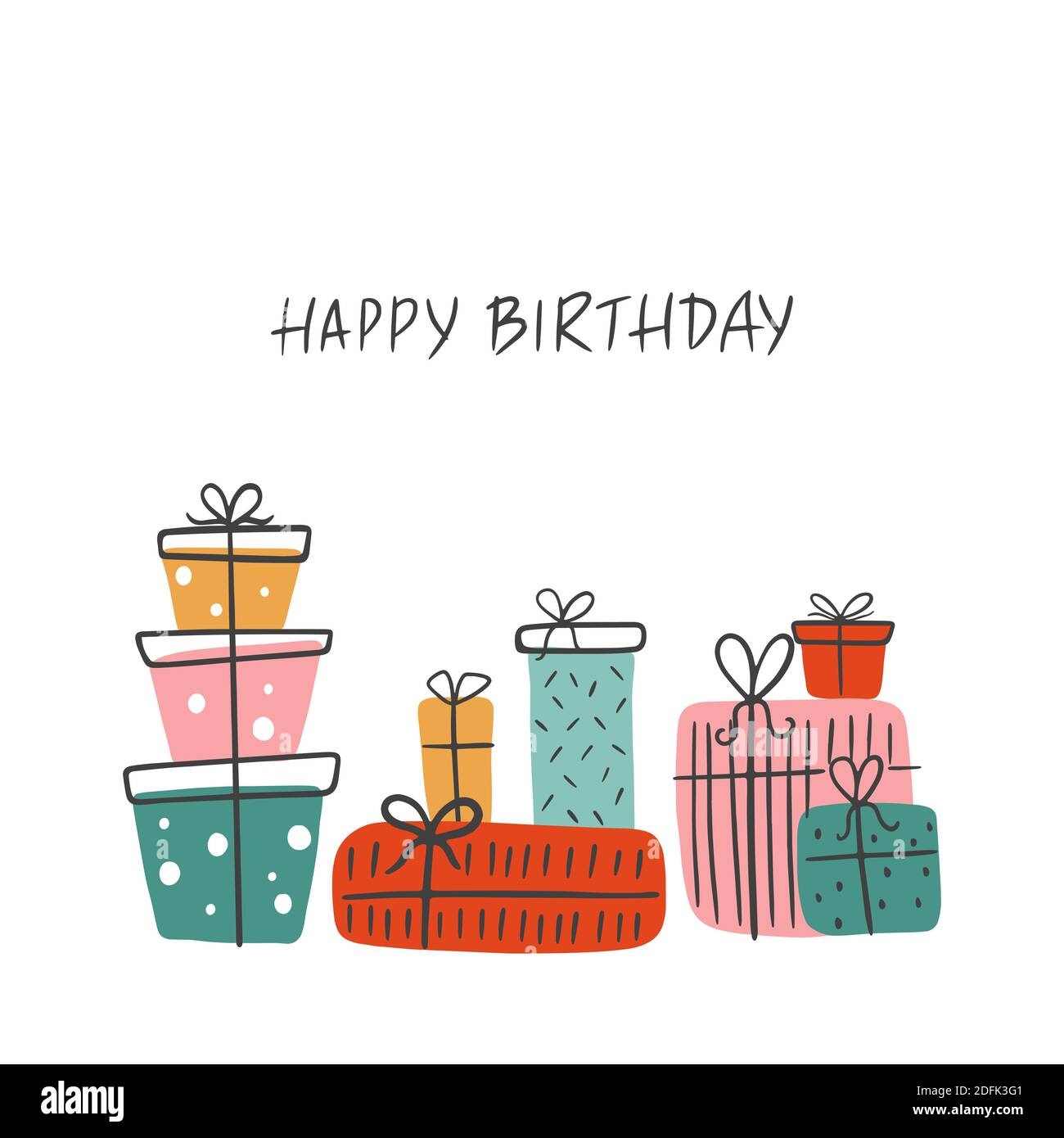 Carte de vœux d'anniversaire avec cadeaux et lettres Joyeux anniversaire. Illustration vectorielle scandinave avec cadeaux de fête. Illustration de Vecteur