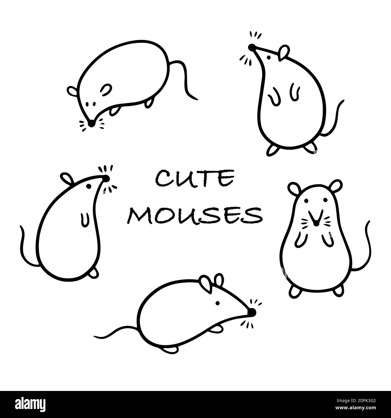 Rats de dessins animés. Ensemble de 5 mignons chemisiers noirs et blancs en différentes poses sur fond blanc. Illustration vectorielle plate. Illustration de Vecteur