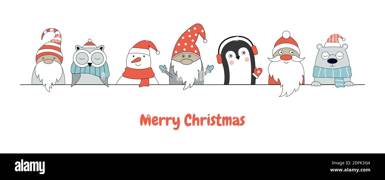 Affiche de Noël avec bonhomme de neige, pingouin, ours polaire, gnome, Père Noël. Illustration vectorielle dessinée à la main dans le style scandinave. Peut être utilisé pour le Web Illustration de Vecteur