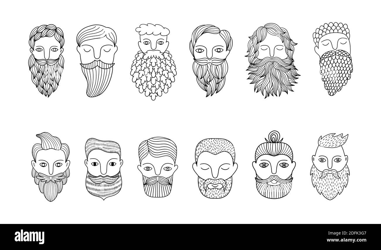 Collection avec des faces mâles dessinées à la main isolées sur fond blanc. Peut être utilisé pour créer un logo de barbershop, une carte de vœux de père, etc Illustration de Vecteur