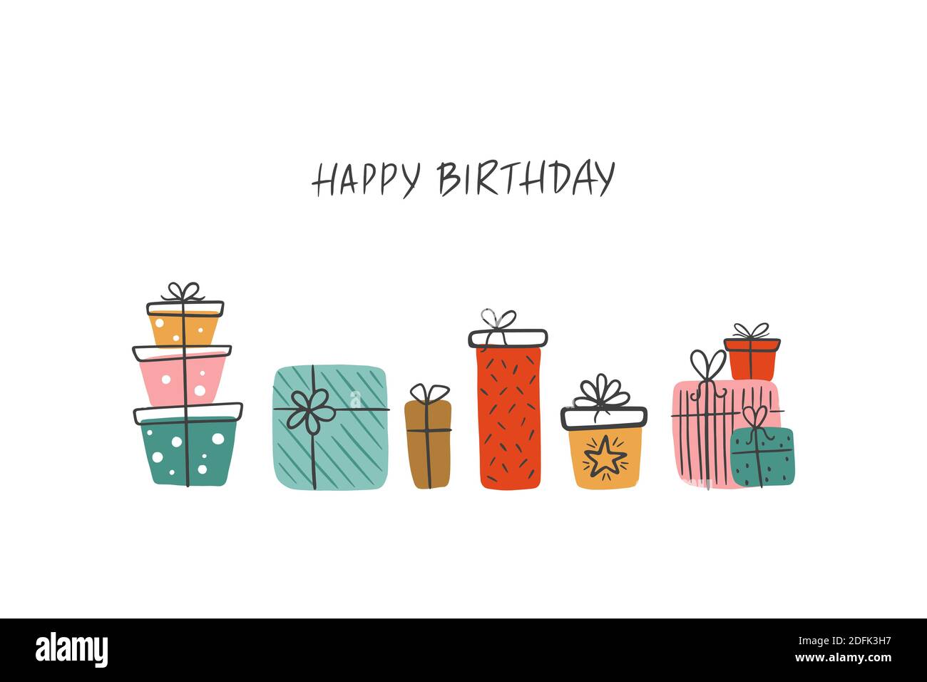 Carte de vœux d'anniversaire avec cadeaux et lettres Joyeux anniversaire. Illustration vectorielle scandinave avec cadeaux de fête. Illustration de Vecteur