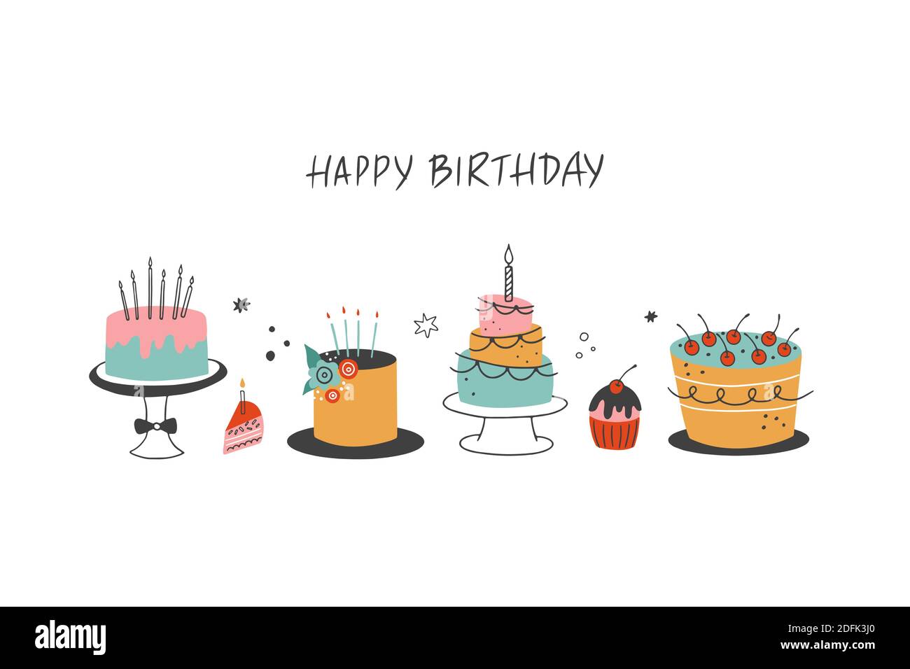 Joyeux anniversaire, carte de vœux. Journée internationale du gâteau. Illustration vectorielle avec gâteaux dessinés à la main sur fond blanc. Illustration de Vecteur