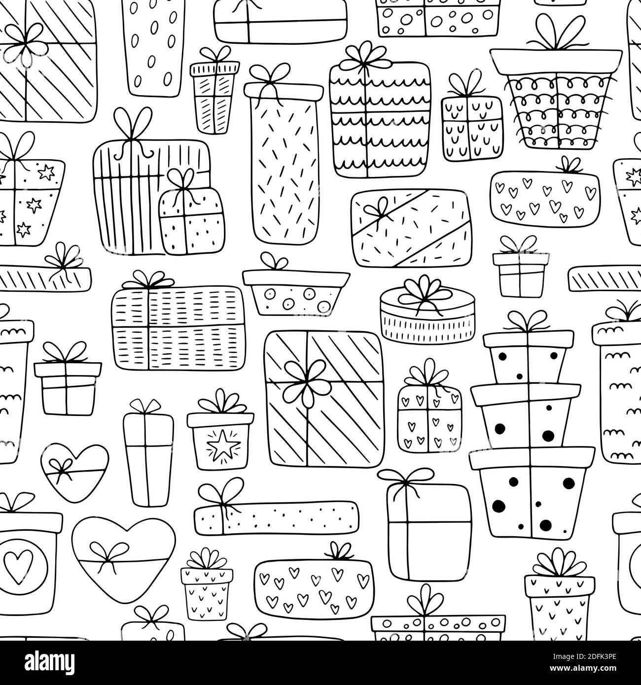 Motif sans couture de différentes boîtes-cadeaux dessinées à la main isolées sur un fond blanc. Cadeaux pour les Doodle de style scandinave pour la Saint-Valentin, Noël Illustration de Vecteur