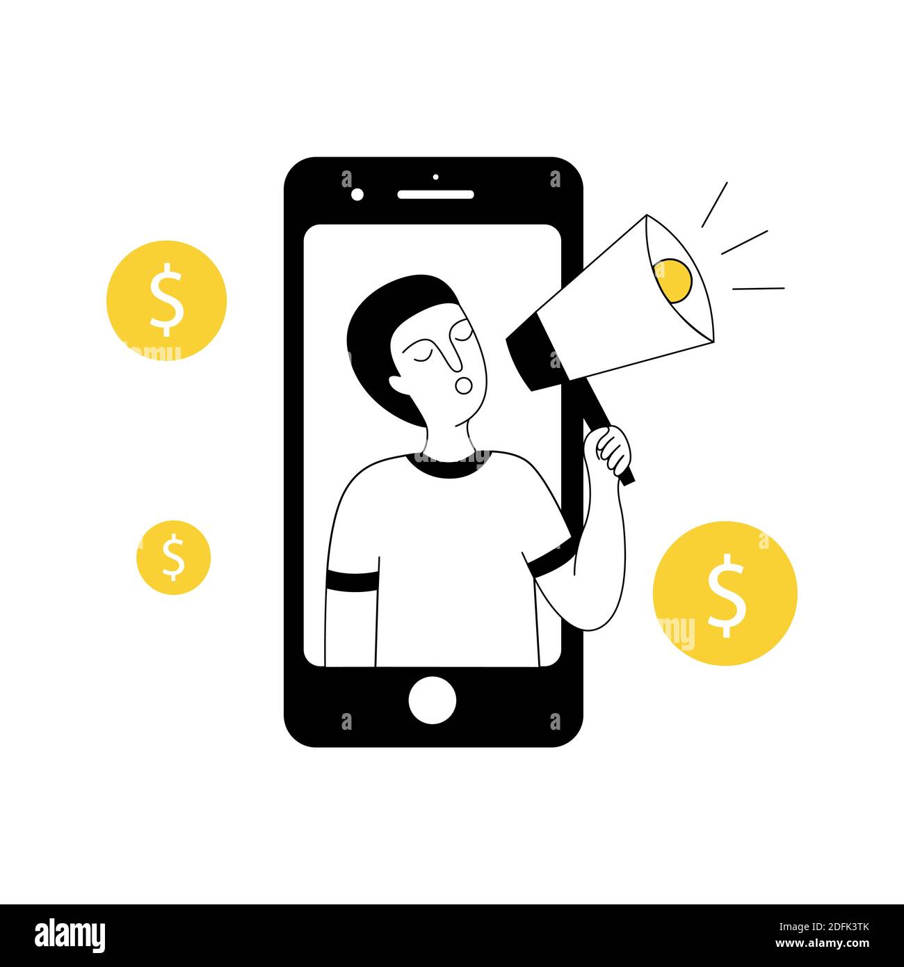 Un homme tient un mégaphone entre ses mains et invite des amis. Programme de recommandation. Peut être utilisé pour une page d'arrivée, une interface utilisateur, un modèle Web, une application mobile, un prospectus d'affiche Illustration de Vecteur