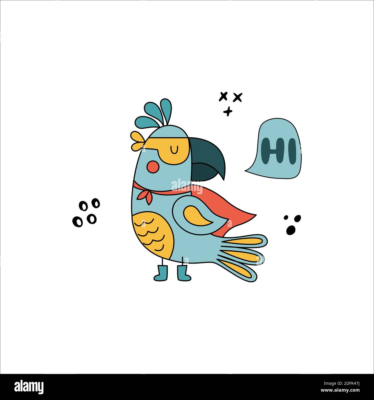 Perroquet en costumes comiques amusants. Illustration vectorielle dessinée à la main avec oiseau sur fond blanc. Peut être utilisé pour obtenir une carte, une pépinière, une affiche Illustration de Vecteur