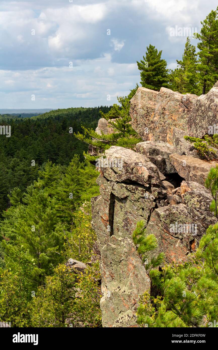 Une grande falaise se dresse au-dessus d'une forêt avec des collines qui se poursuivent au loin. Les arbres Evergreen apparaissent au sommet des rochers de la falaise, vus de côté. Banque D'Images