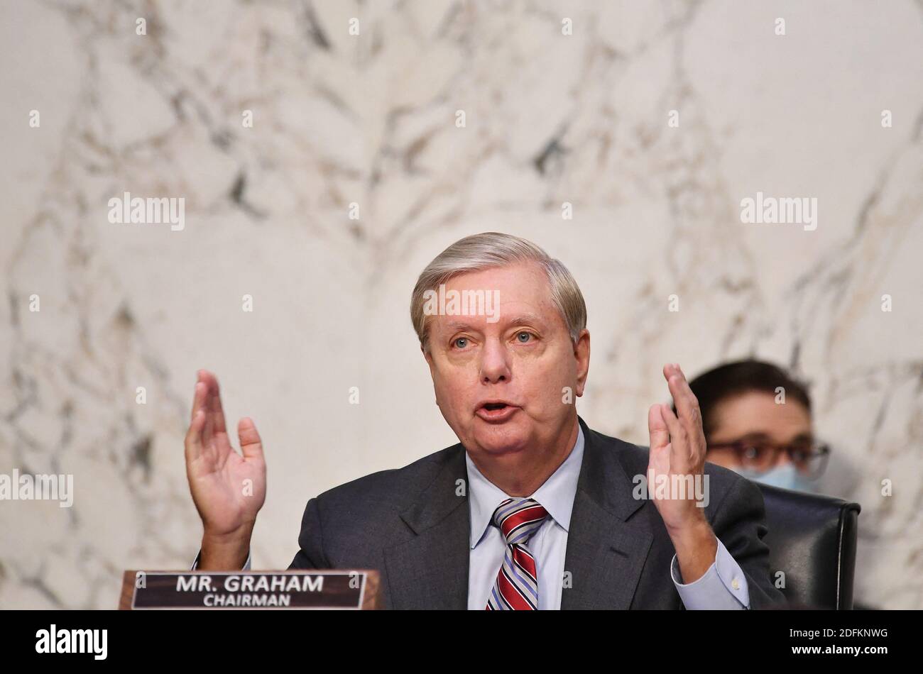 Lindsey Grahamsey, présidente de la magistrature du Sénat, prend la parole lors d'une réunion d'affaires de la Commission judiciaire du Sénat dans l'édifice Hart du Bureau du Sénat à Capitol Hill, Washington, DC, le 15 octobre 2020. Photo de Mandel Ngan/Pool/ABACAPRESS.COM Banque D'Images