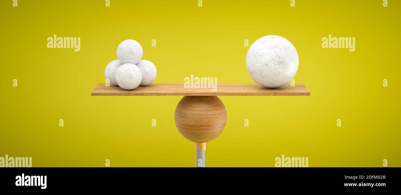 balance en bois équilibrant une grosse boule et quatre petites sur fond coloré - illustration 3d Banque D'Images