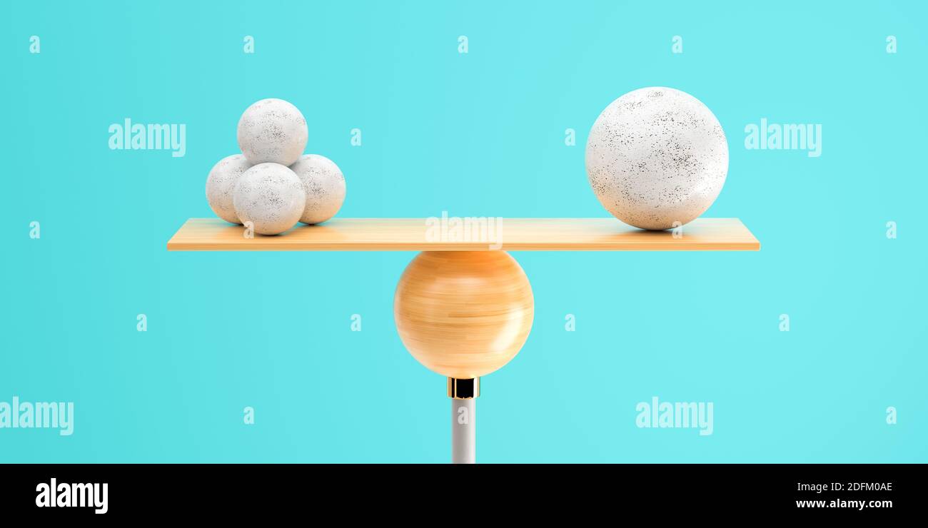 balance en bois équilibrant une grosse boule et quatre petites sur fond bleu clair - illustration 3d Banque D'Images