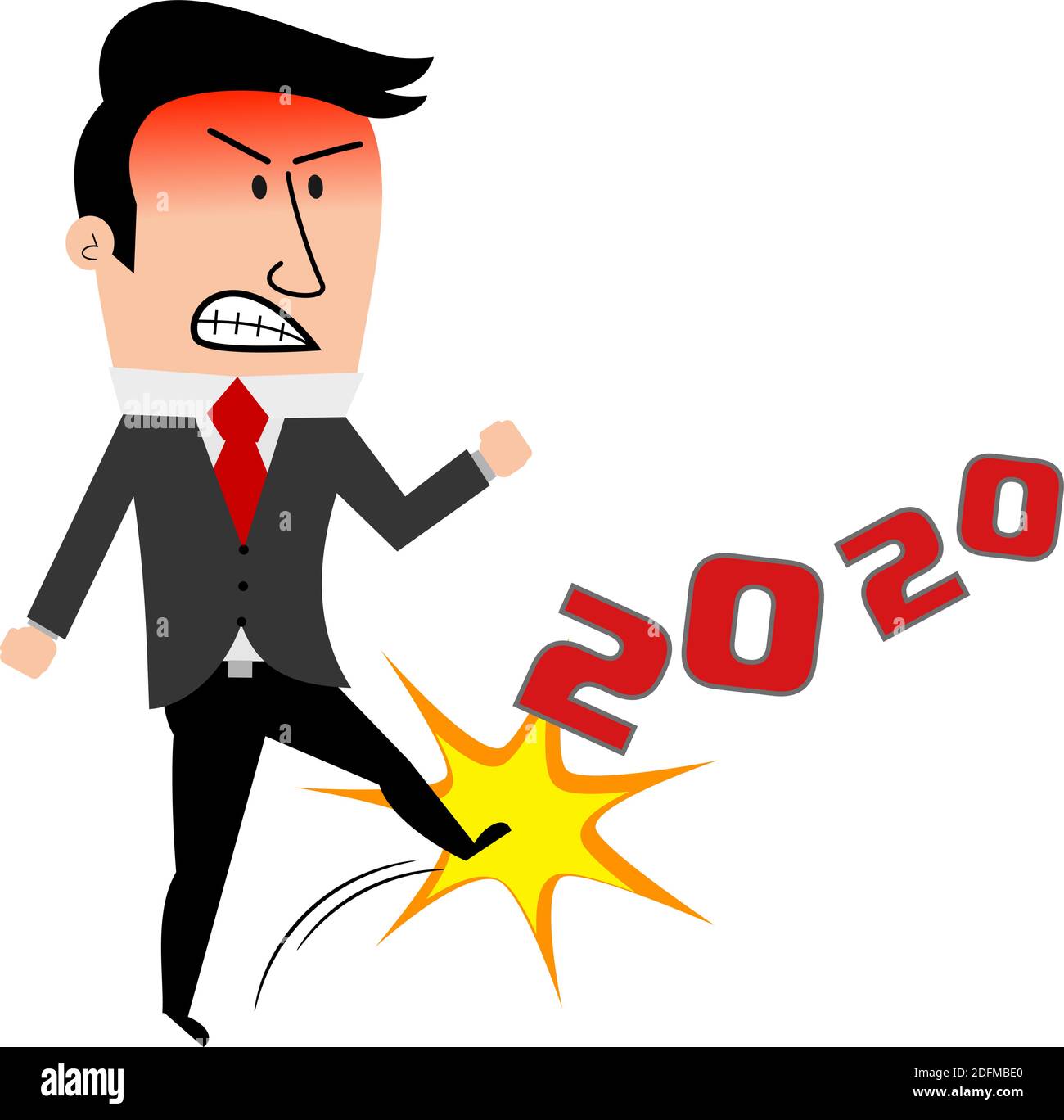 Angry Cartoon homme d'affaires kicking an 2020 isolé illustration de vecteur. Financier business catastrophe concept Illustration de Vecteur