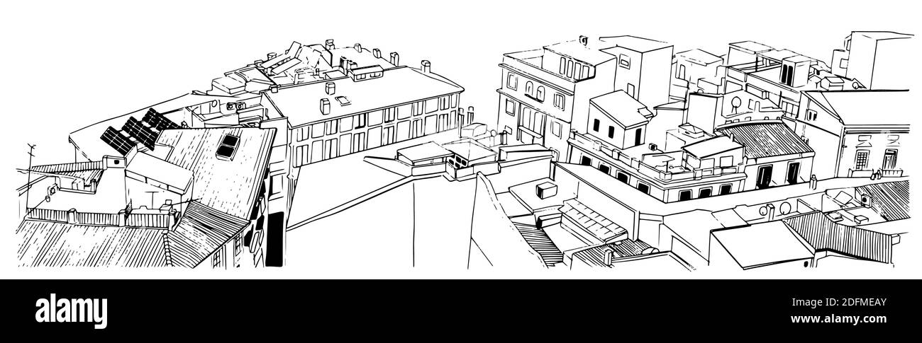 Vue sur les toits de la ville méditerranéenne. Dessin d'esquisse vectorielle dessin noir et blanc de style doodle Illustration de Vecteur