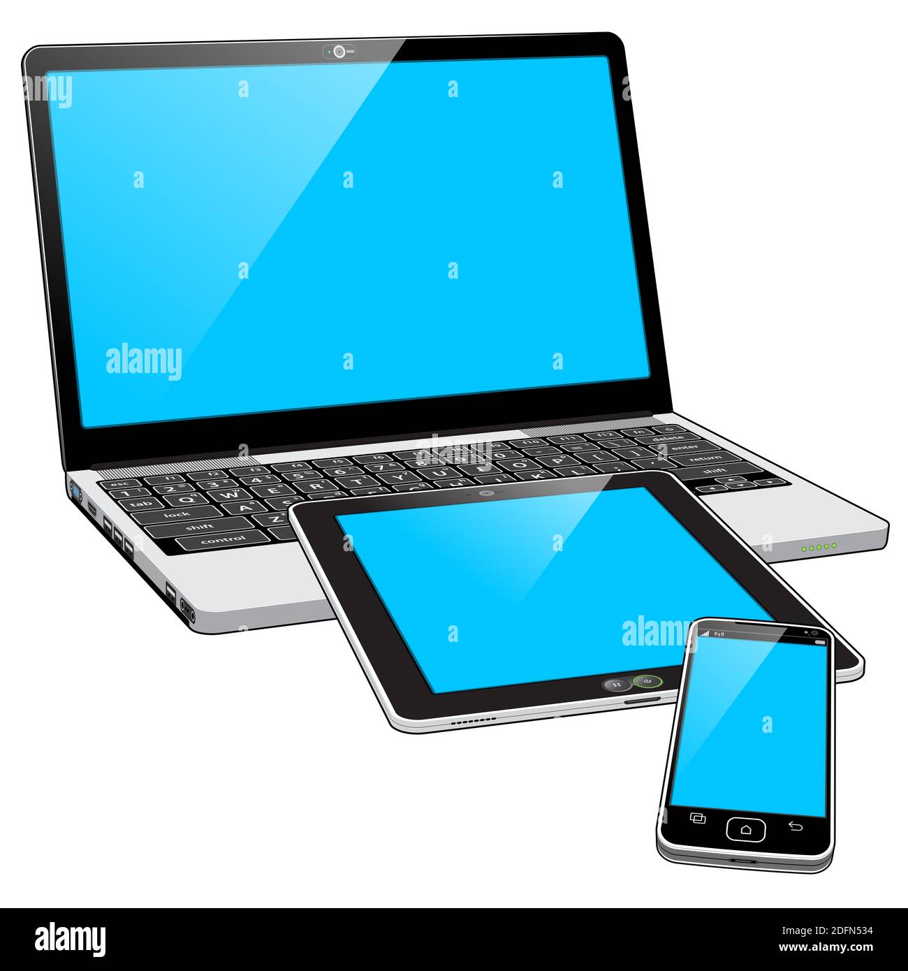 Une collection groupée de 3 appareils technologiques : UN smartphone, un ordinateur portable et une tablette. Les écrans bleus indiquent que les périphériques sont sous tension. Banque D'Images