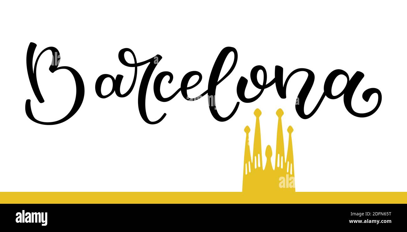 Lettrage à la main Barcelone et silhouette de la Sagrada Familia. Modèle pour carte, affiche, impression. Illustration de Vecteur