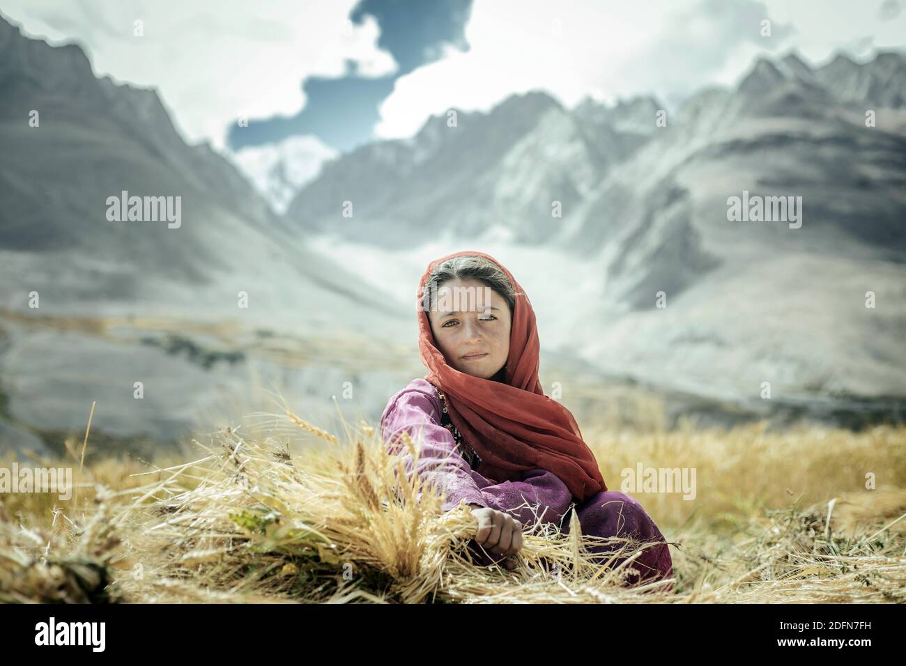 Fille, 6 ans, assise dans un champ de blé, derrière elle les contreforts de l'Hindu Kush, couloir de Saradh-e-Broghil Wakhan, Afghanistan Banque D'Images
