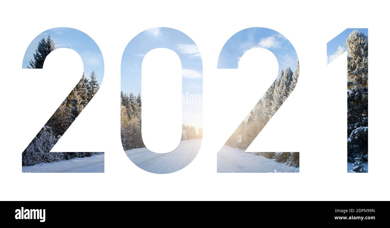 Figures 2021 avec paysage d'hiver. Isolé Banque D'Images