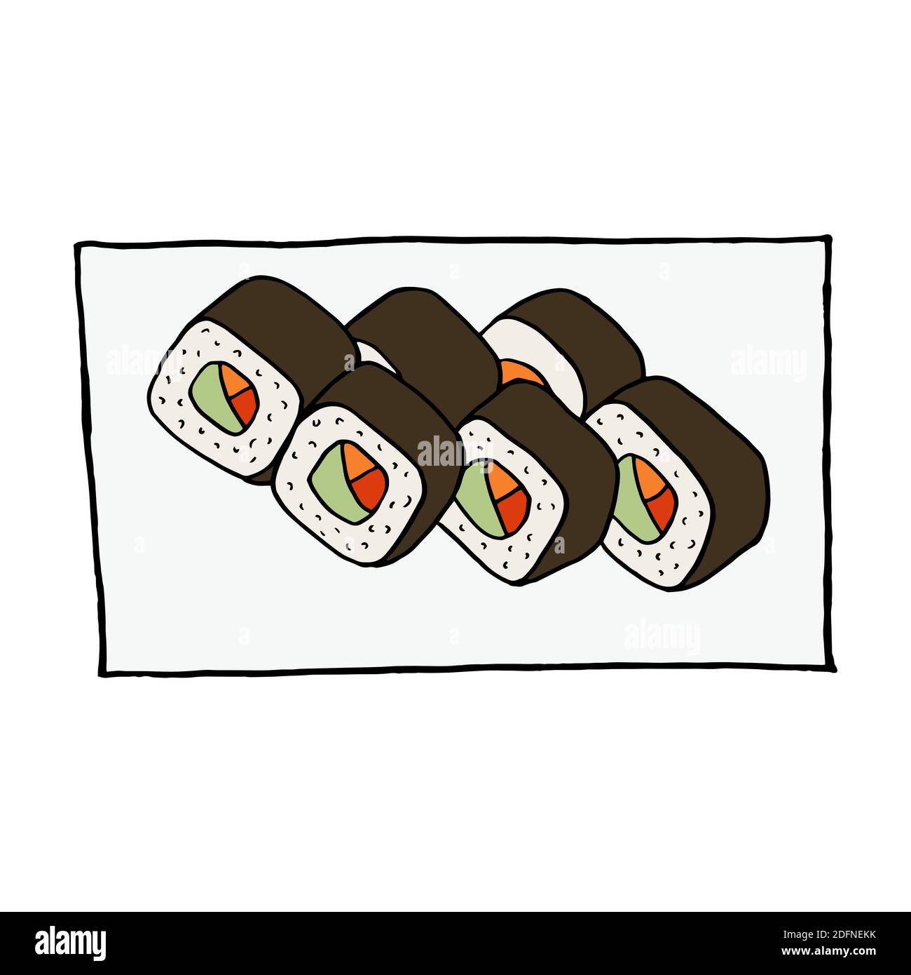 Rouleau de sushi à l'assiette à l'anses dessinées à la main. Plat de cuisine japonaise. Design sketch élément pour menu café, restaurant, étiquette et emballage. Colorfu Illustration de Vecteur