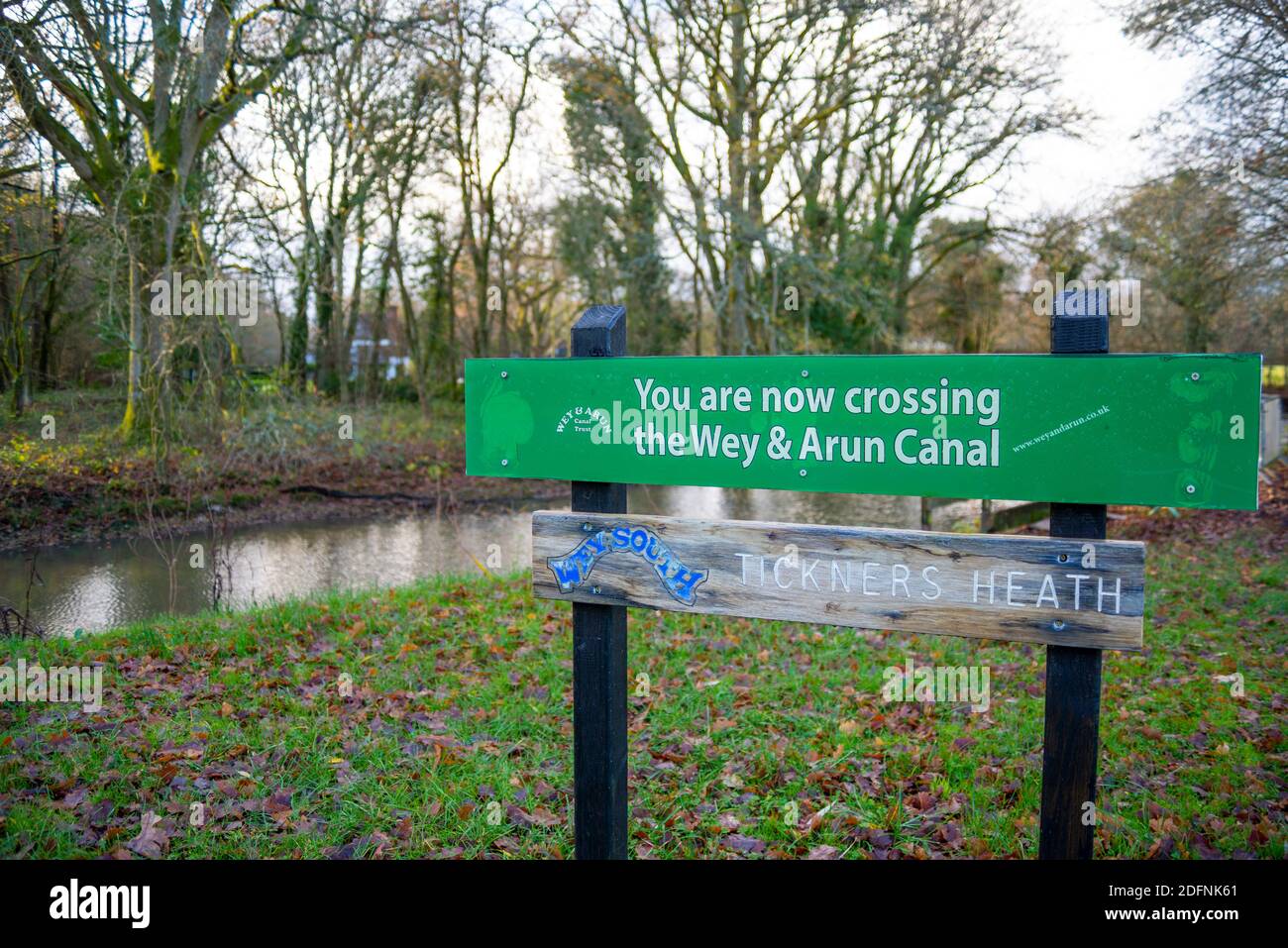 Canal Wey et Arun section non navigable à Tickers Heath. Partie du sentier public de Wey South à travers la forêt de Chiddingfold. Surrey Wildlife Trust Banque D'Images