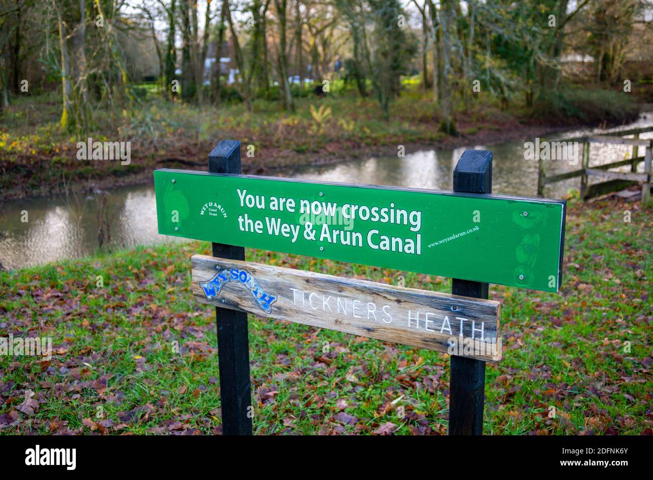 Canal Wey et Arun section non navigable à Tickers Heath. Partie du sentier public de Wey South à travers la forêt de Chiddingfold. Surrey Wildlife Trust Banque D'Images