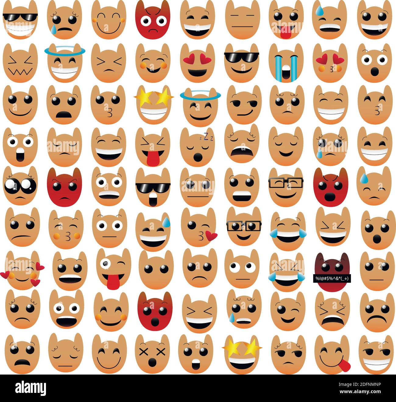 Ensemble de visages chouettes drôles avec de grands yeux. Triste, pleurant, drôle, suspect, en colère, souriant visages. Conception plate 81 expressions des émotions kawaii Emoji. Icônes Illustration de Vecteur