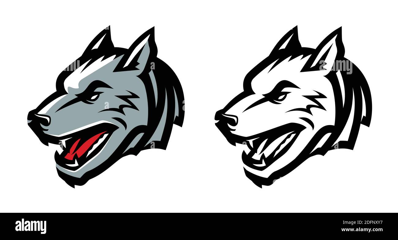 Emblème de mascotte de tête de loup. Illustration de vecteur animal sauvage agressif Illustration de Vecteur