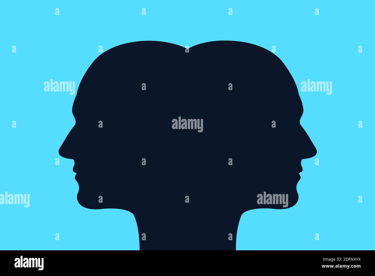 Tête avec deux visages - jumeaux joints / schizophrénie avec esprit et personnalité divisés. Illustration vectorielle Banque D'Images