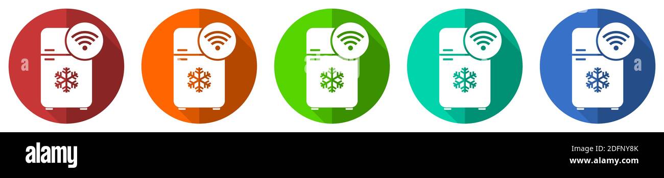 Réfrigérateur avec ensemble d'icônes vectorielles wifi, boutons Web plats rouge, bleu, vert et orange isolés sur une illustration vectorielle blanche Illustration de Vecteur