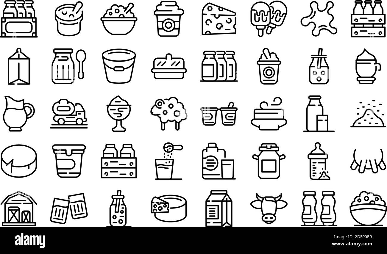 Jeux d'icônes de produits laitiers. Ensemble de contours d'icônes vectorielles laitières pour la conception de sites Web isolés sur fond blanc Illustration de Vecteur