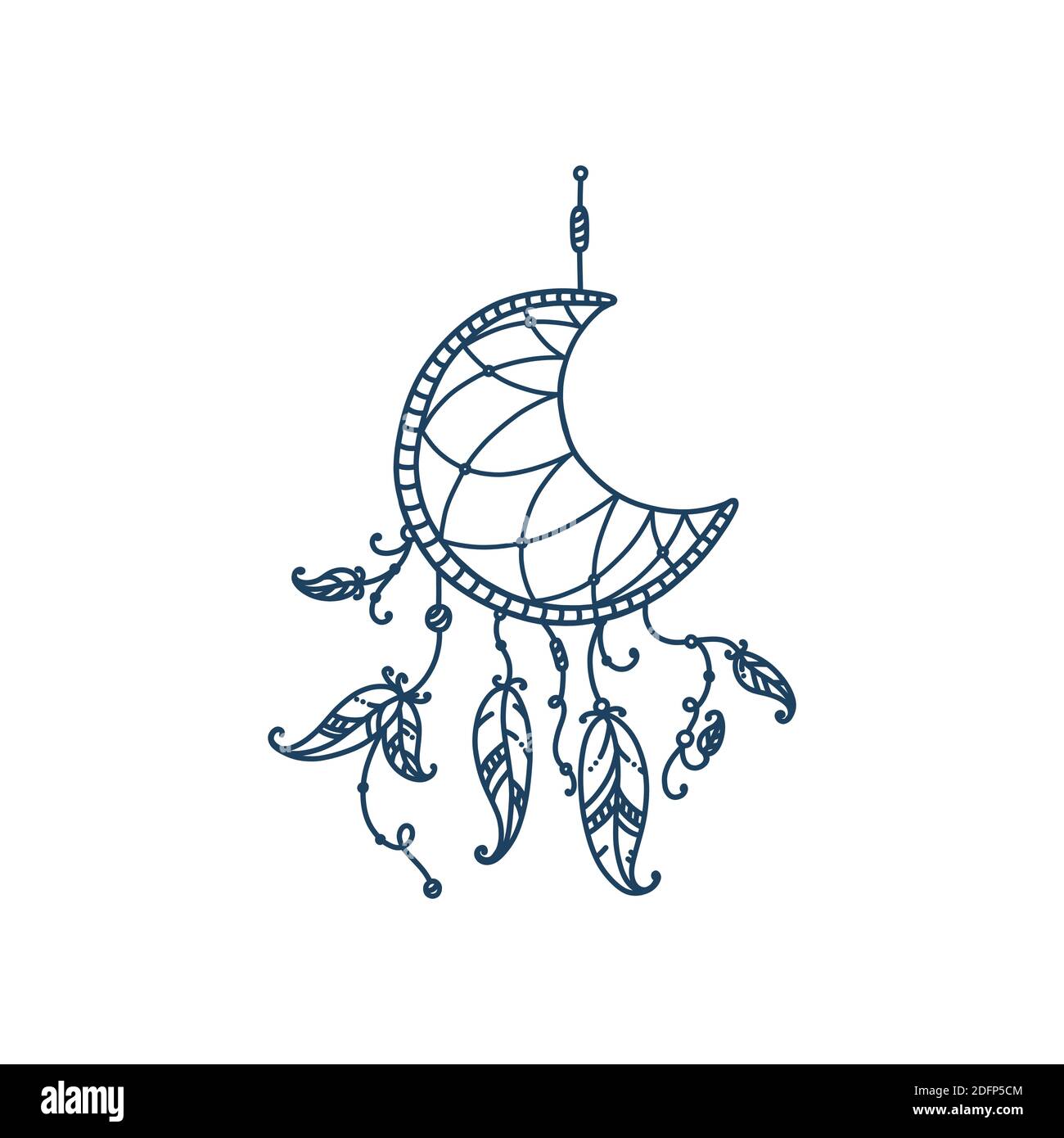 Boho dreamcapchers avec plumes et flèche. Le renfeur de rêve en forme de croissant de lune. Illustration vectorielle en style doodle Illustration de Vecteur