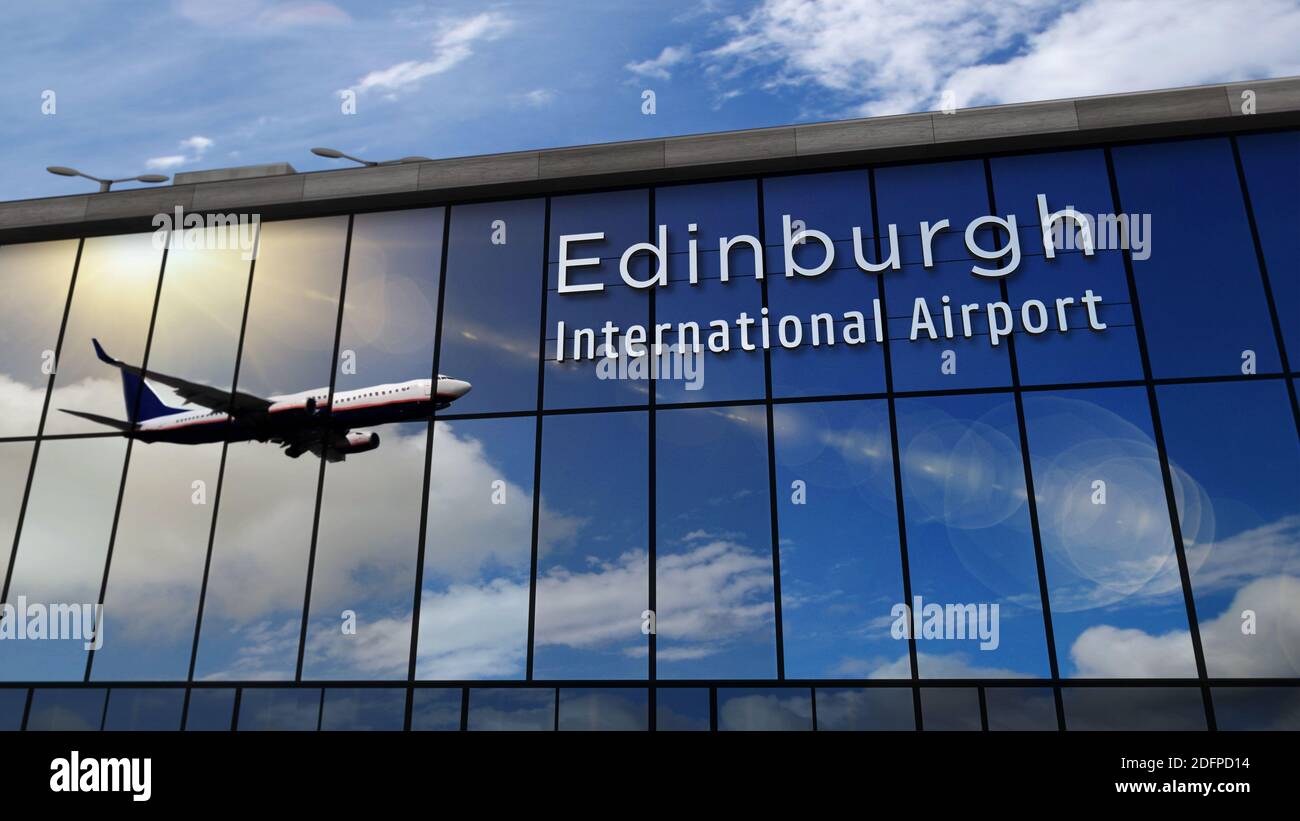 Avion à réaction atterrissant à Édimbourg, Écosse, illustration du rendu 3D. Arrivée en ville avec le terminal de verre de l'aéroport et le reflet de l'avion Banque D'Images