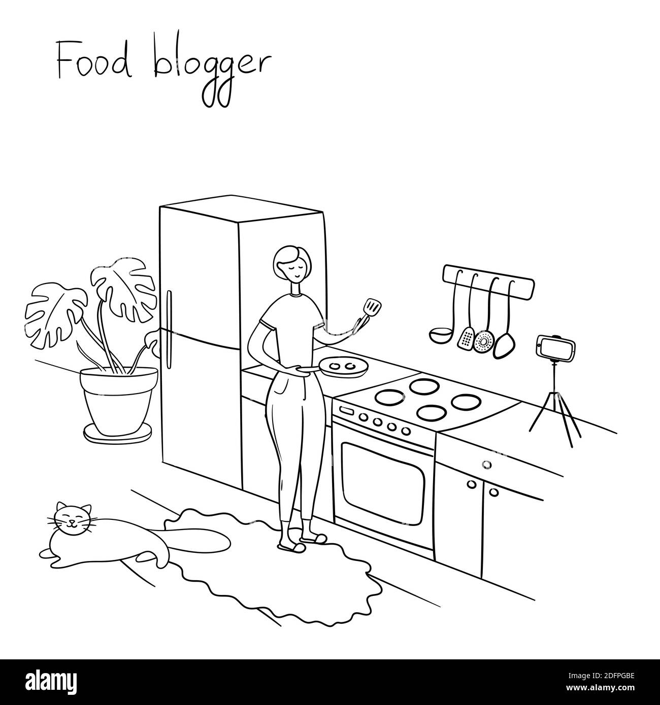 Blogueur de nourriture. La jeune femme enregistre des vidéos. Le chef cuisine. La femme au foyer tient une poêle et se tient près d'une cuisinière. Illustration vectorielle de dessin animé Illustration de Vecteur