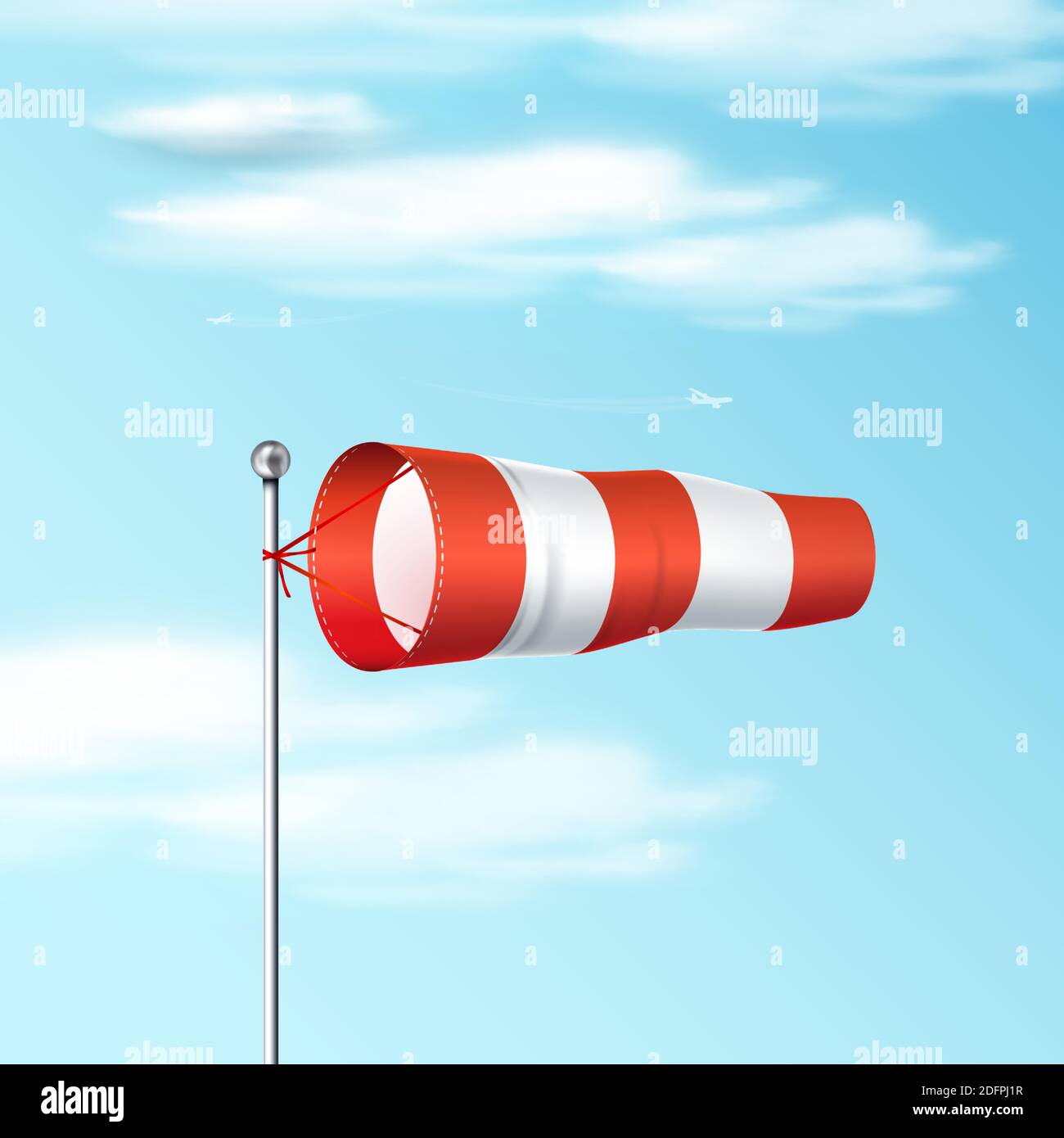 Chaussettes de vent sur le ciel bleu. Drapeau de vent d'aéroport rouge et blanc indiquant la direction et la vitesse du vent. Illustration vectorielle réaliste. Illustration de Vecteur