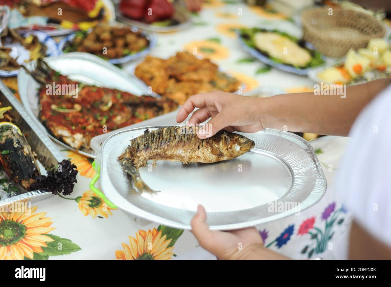 Image de faible profondeur de champ (mise au point sélective) avec repas traditionnels du delta du Danube (à base de poisson) sur une table. Banque D'Images
