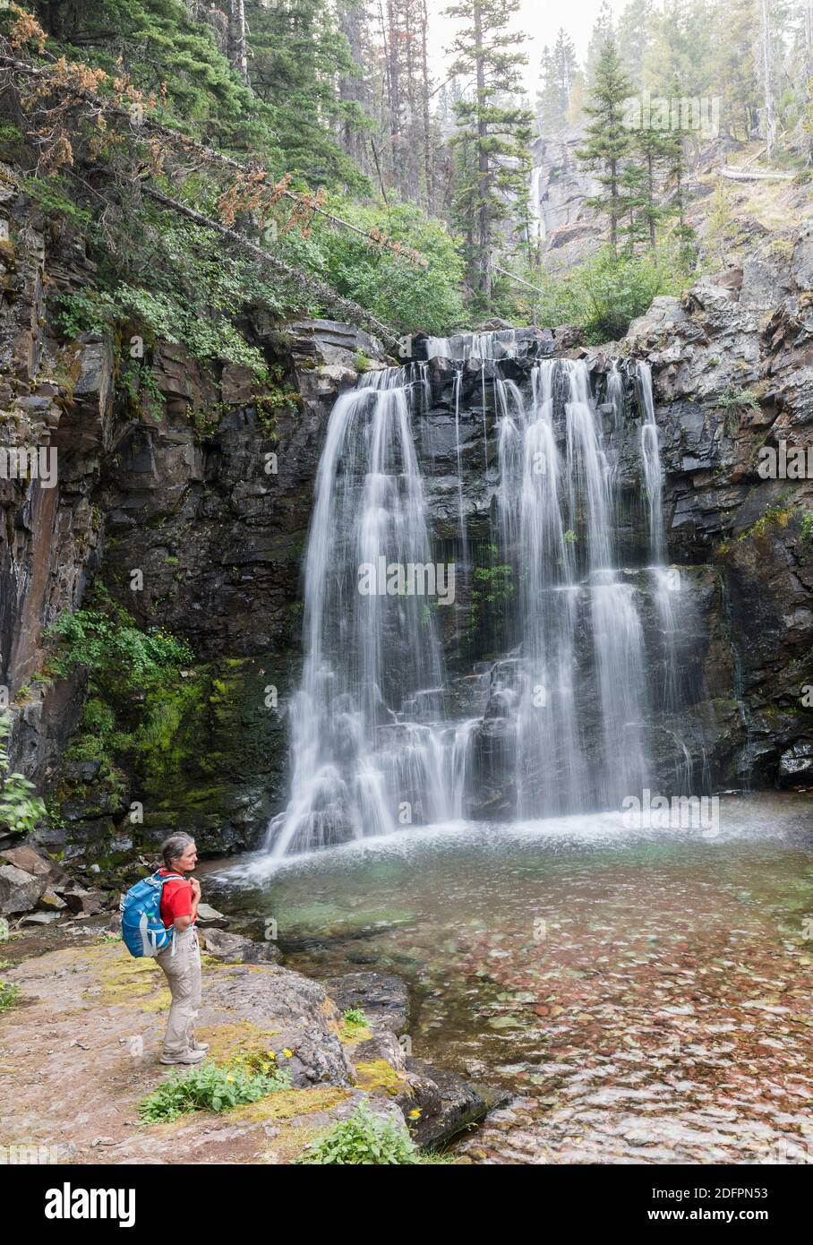 Personne regardant les chutes Rockwell, parc national de Glacier, Montana, États-Unis Banque D'Images