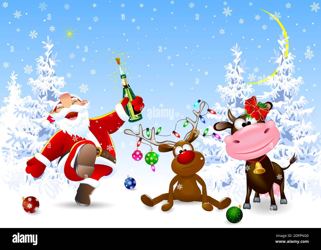 Santa, cerf et vache dans la forêt d'hiver. Nuit enneigée d'hiver la veille de Noël. Illustration de Vecteur