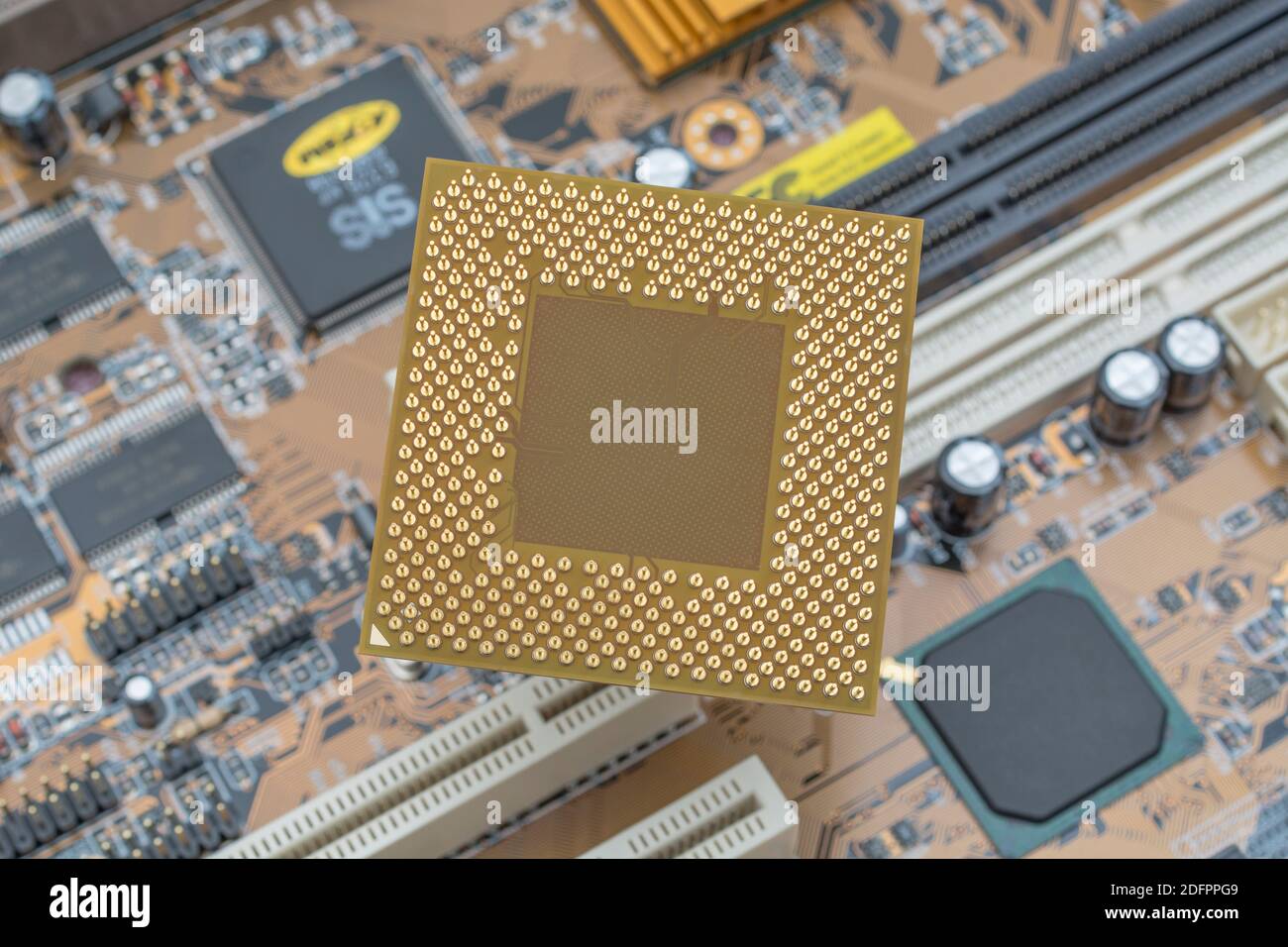 Brochages dorés sur le dessous d'un processeur AMD de bureau avec carte mère. Il s'agit d'un ancien Sempron SDA2200DUT3D qui était une version OEM de la puce AMD. Banque D'Images