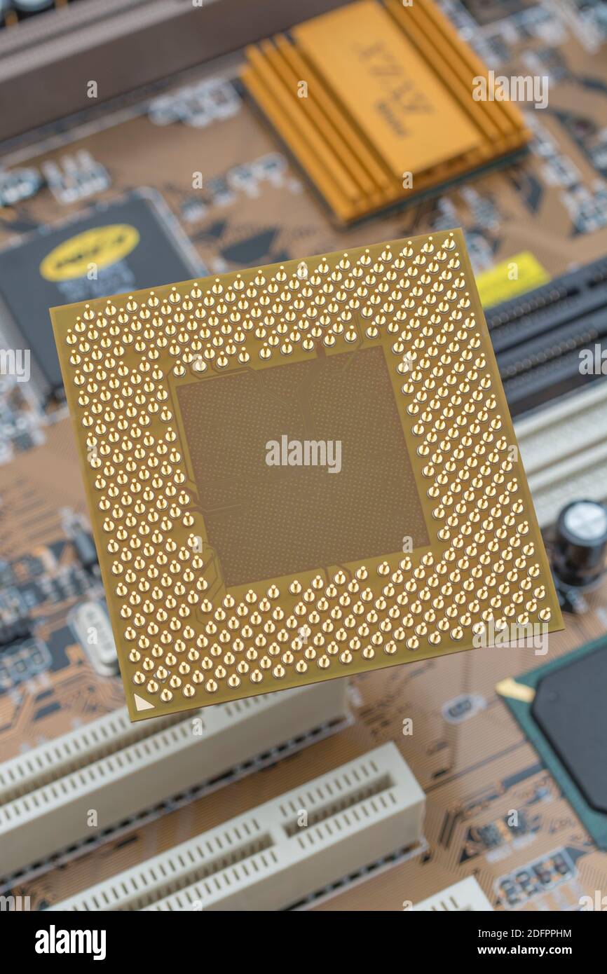 Brochages dorés sur le dessous d'un processeur AMD de bureau avec carte mère. Il s'agit d'un ancien Sempron SDA2200DUT3D qui était une version OEM de la puce AMD. Banque D'Images