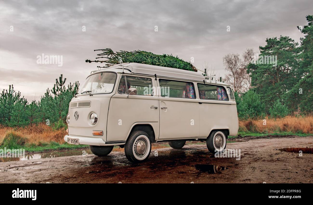 1972 VW Bay Window Campervan garé avec arbre de Noël sur le toit. Banque D'Images