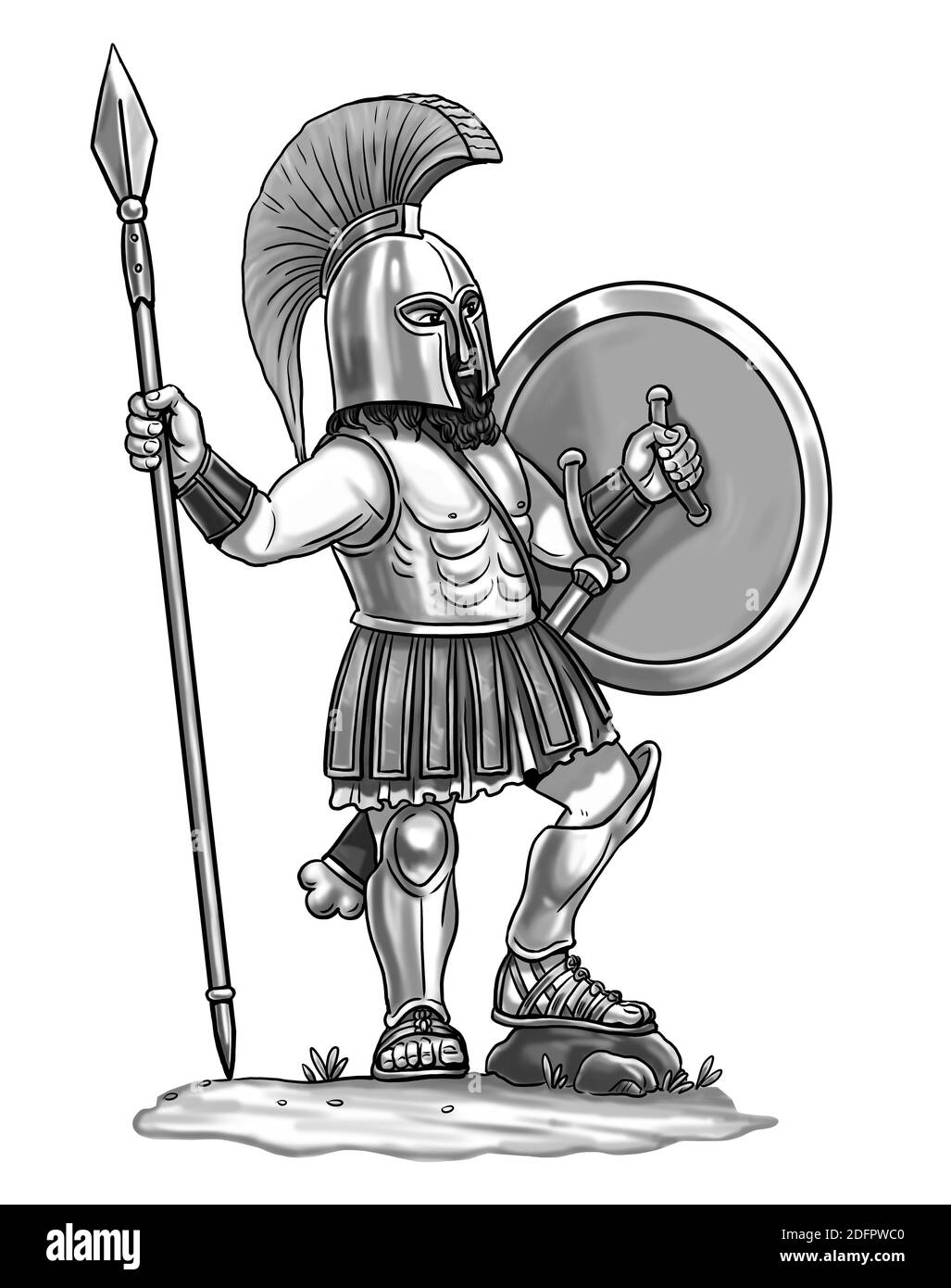 Hoplite grecque avec lance pour colorier. Modèle pour les enfants. Banque D'Images