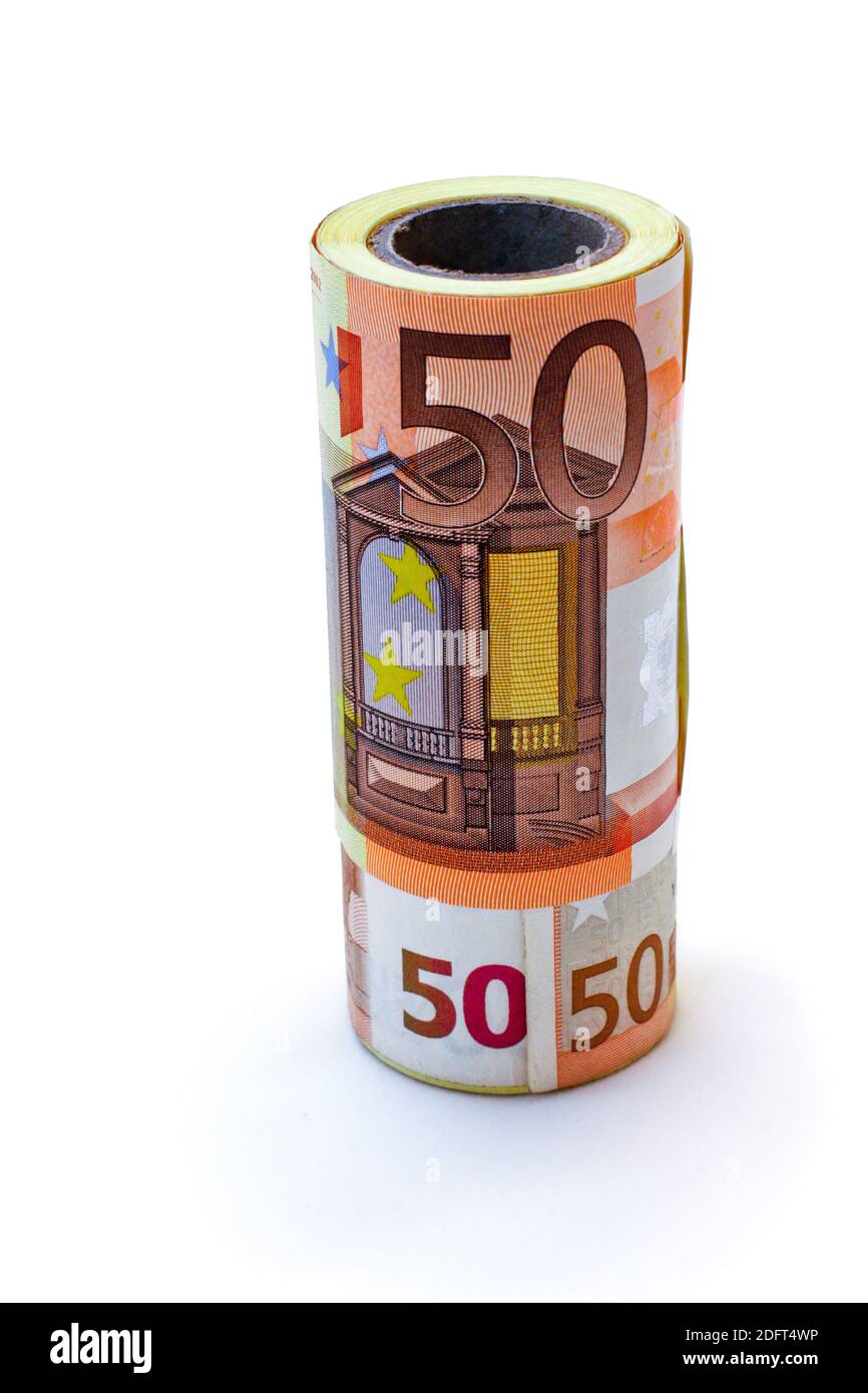 les coupures monétaires bénéficient de 50 euros, sur fond blanc Banque D'Images