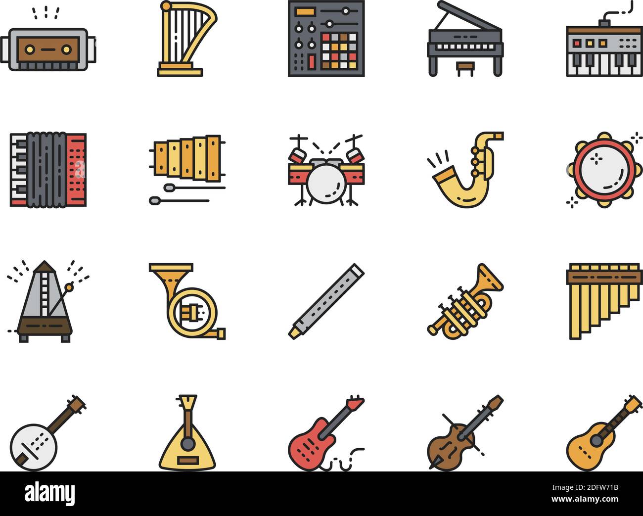 Ensemble d'icônes de ligne de couleur d'instruments de musique. Piano, Accordéon, Guitare et bien plus encore Illustration de Vecteur
