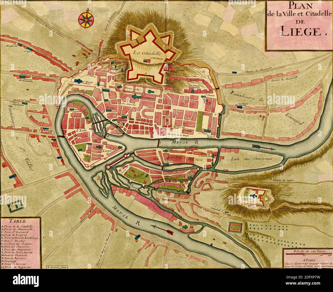 Carte antique de la ville et de la citadelle de Liège, Atlas des fortifications et des batailles, par Anna Beek et Gaspar Baillieu, initialement publié au XVIIe siècle. Banque D'Images