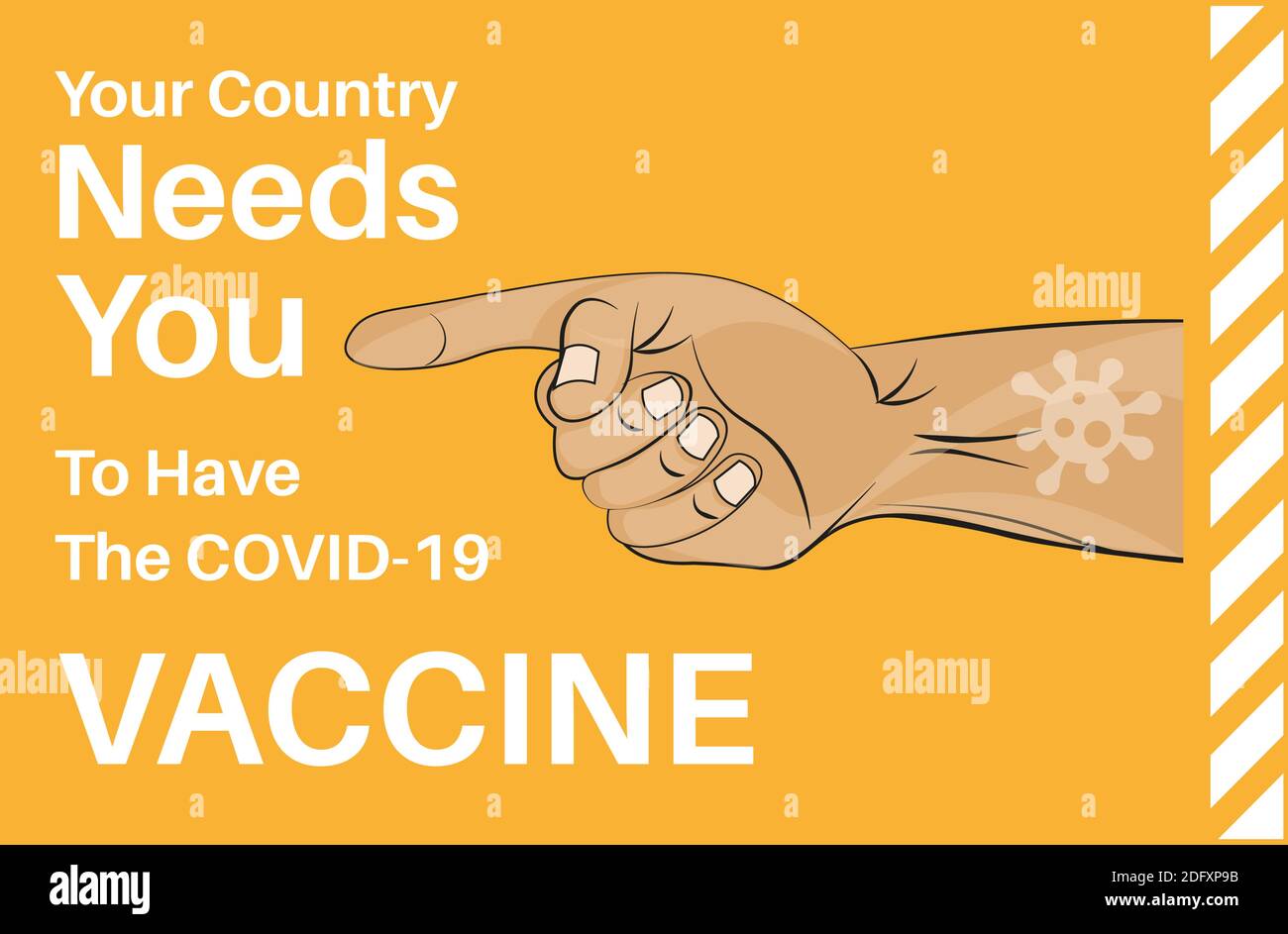 Votre pays a besoin que vous ayez le vaccin Covid-19 - Illustration vectorielle sur un fond orange avec la main du bras et le doigt pointant. Illustration de Vecteur