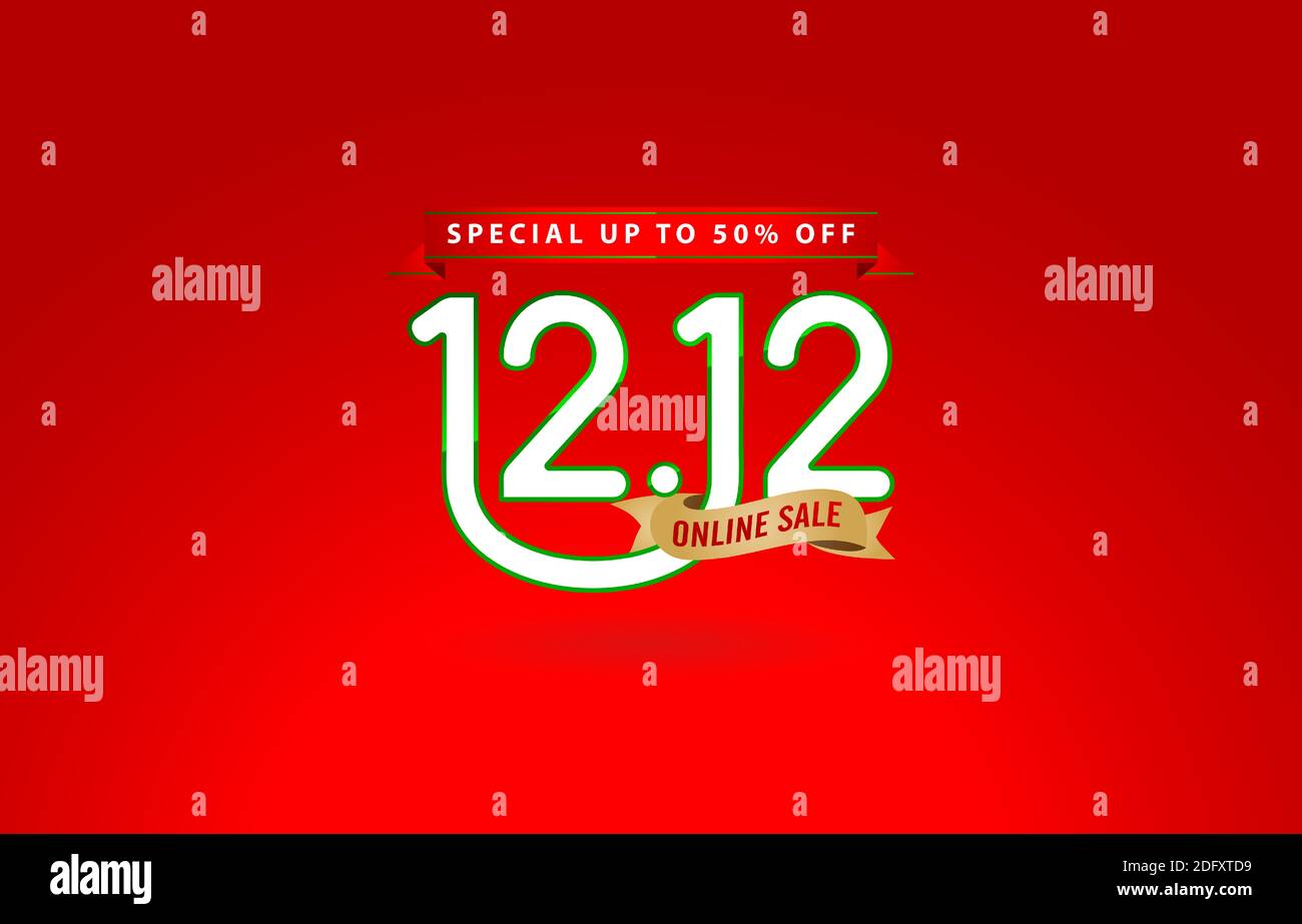 12.12 soldes, 12.12 ventes en ligne, festival de la journée de shopping, panneau numérique avec ruban doré à fond rouge, panneau de boutique en ligne, pour affiche, prospectus, Illustration de Vecteur