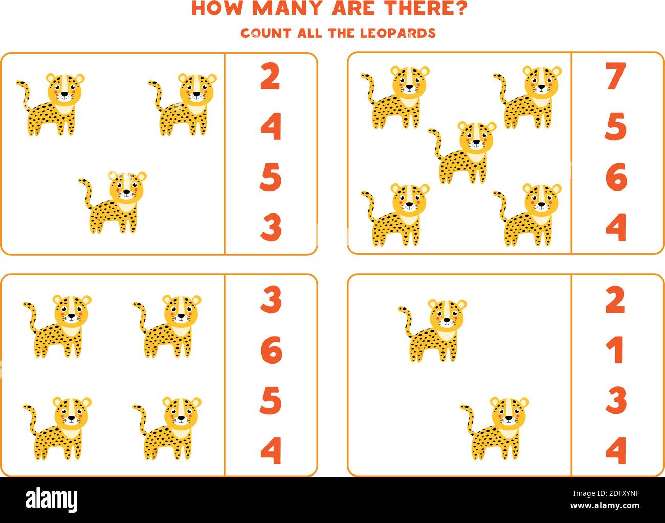Compter toutes les feuilles de gauche et entourer la bonne réponse. Jeu de mathématiques pour enfants d'âge préscolaire. Illustration de Vecteur