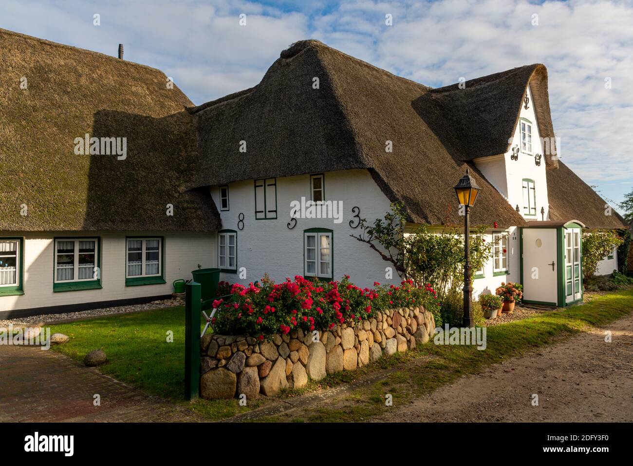 Amrum, Allemagne - 17 octobre 2020 : maisons de chaume aux fleurs rouges Banque D'Images