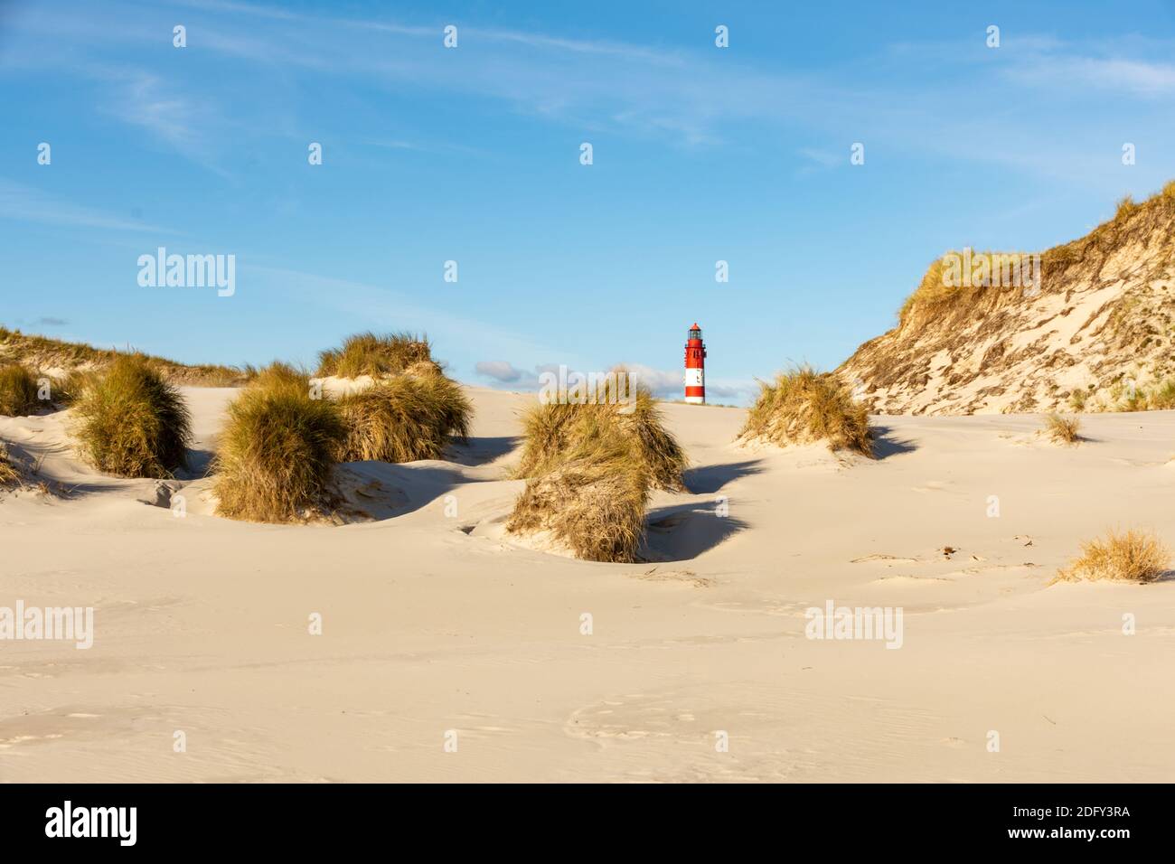 Phare derrière les dunes à Amrum, Allemagne Banque D'Images