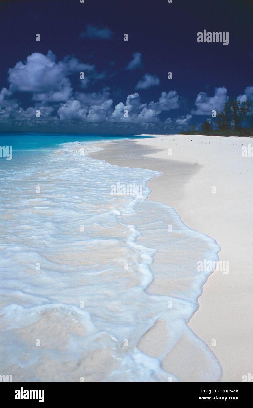 VUE SUR LA PLAGE SUR L'ÎLE AUX OISEAUX ET VUE SUR L'ÎLE, SEYCHELLES, ÎLE, AFRIQUE DE L'EST. JUIN . Les belles îles des Seychelles dans l'océan Indien Banque D'Images